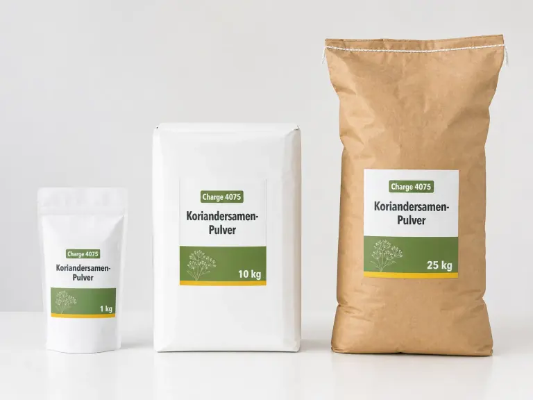 Beispielhafte 1 kg, 10 kg und 25 kg Gebinde für Koriandersamen-Pulver Charge 4075